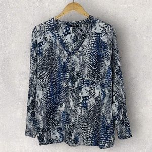 YEST Size 14 Blue Popover Blouse Long Sleeve V-Neck Top Animal Print‎ Minimalist